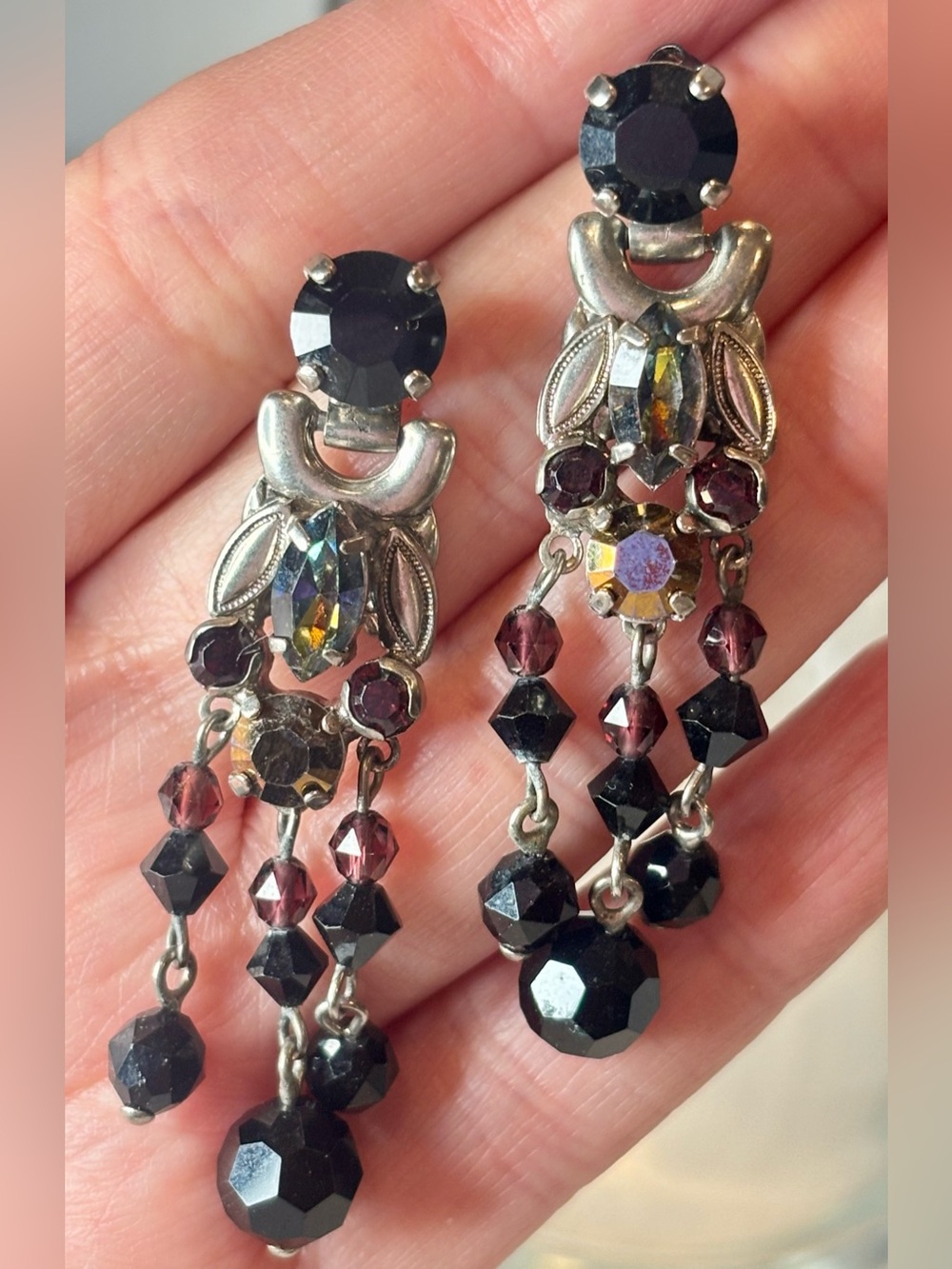 Vintage Sorrelli Black Purple Crystal Chandelier Dangle Earrings Signed